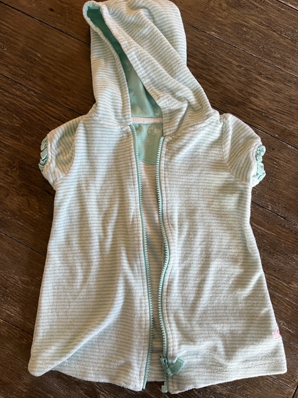 Ruffle Butts Mint and White Striped Short-Sleeve Hooded Swim Coverup